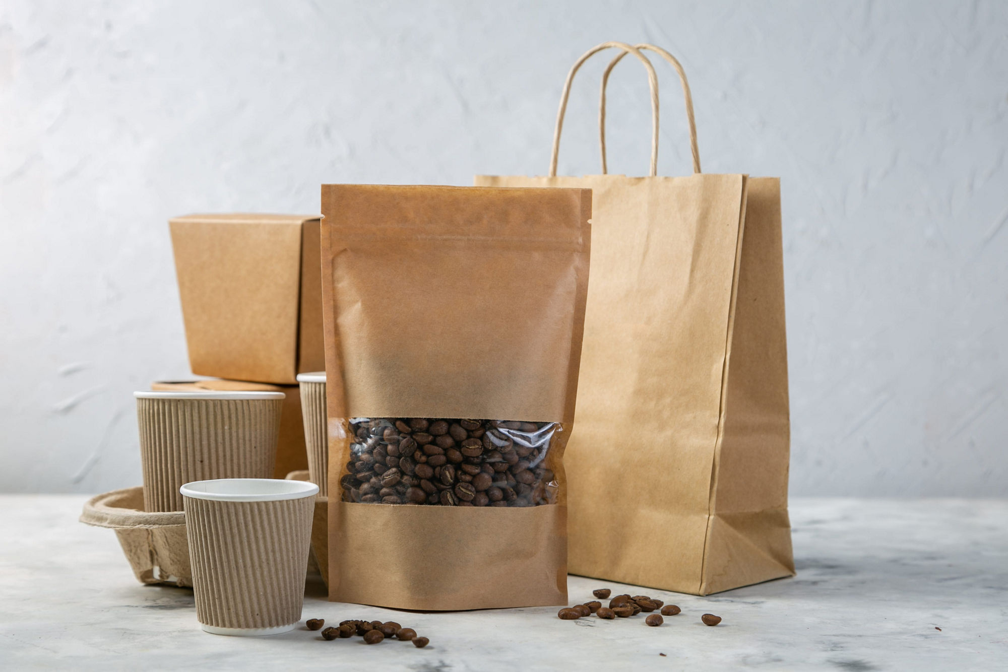 Food and drink craft packaging set on kitchen background
