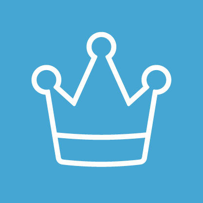 White crown symbol on a blue circle representing customer orientation.