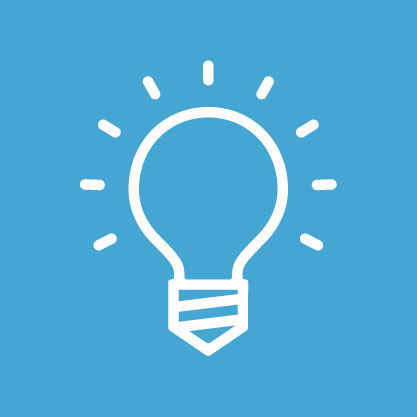 White light bulb symbol on a blue circle representing an idea or innovation.
