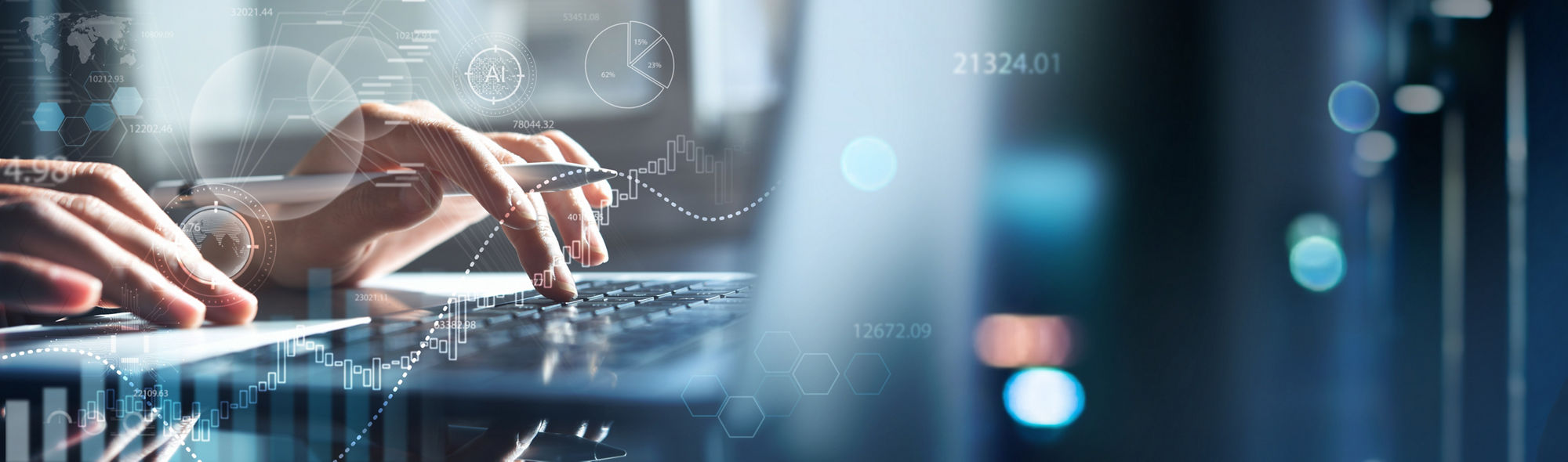 Data scientist, Programmer using laptop analyzing financial data on futuristic virtual interface. Algorithm. Global business development, strategy and planning, digital technology