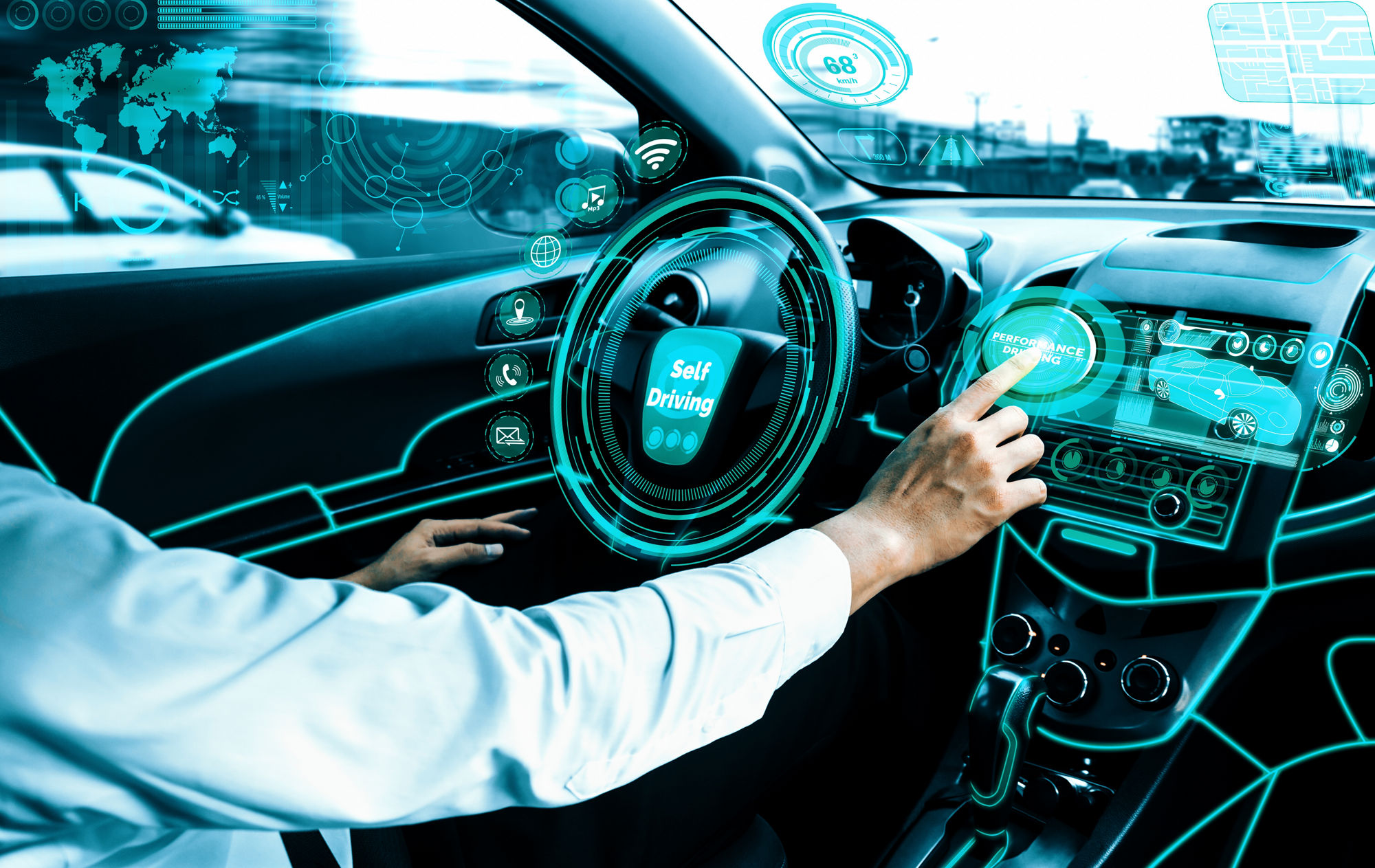 Self-driving autonomous car with relaxed young man sitting at driver seat is driving on busy highway road in the city. Concept of machine learning, artificial intelligence and augmented reality. uds