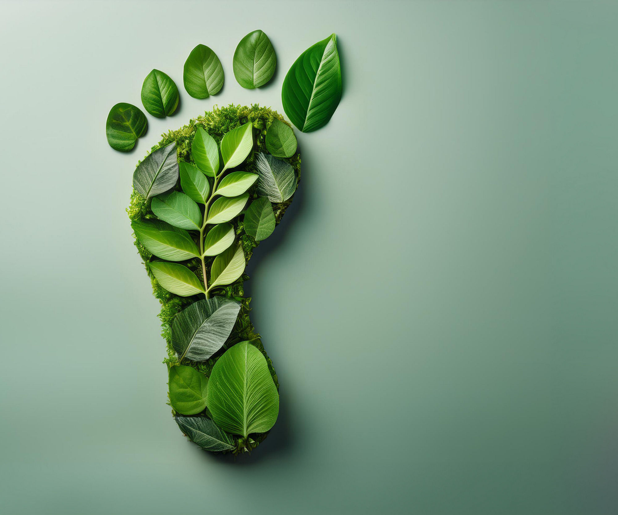 A footprint made of leaves and plants, symbolizing the reduction of carbon footprint and sustainable lifestyle. Green textured background