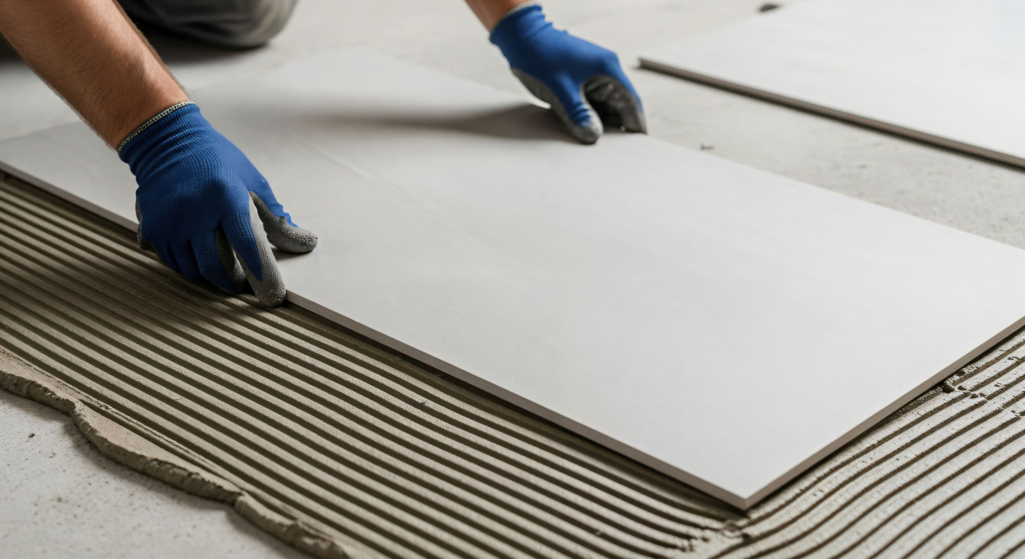 Worker installing large-format ceramic floor tiles on adhesive mortar. Ideal image for flooring, tiling, renovation, construction, and home improvement content.
