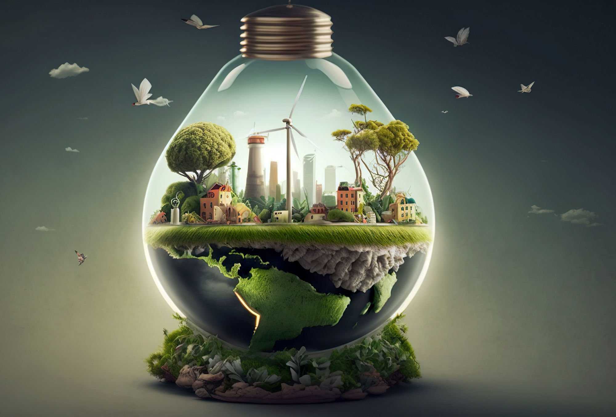 An environment enclosed in a light bulb. An energy-saving island is a closed, separate world.