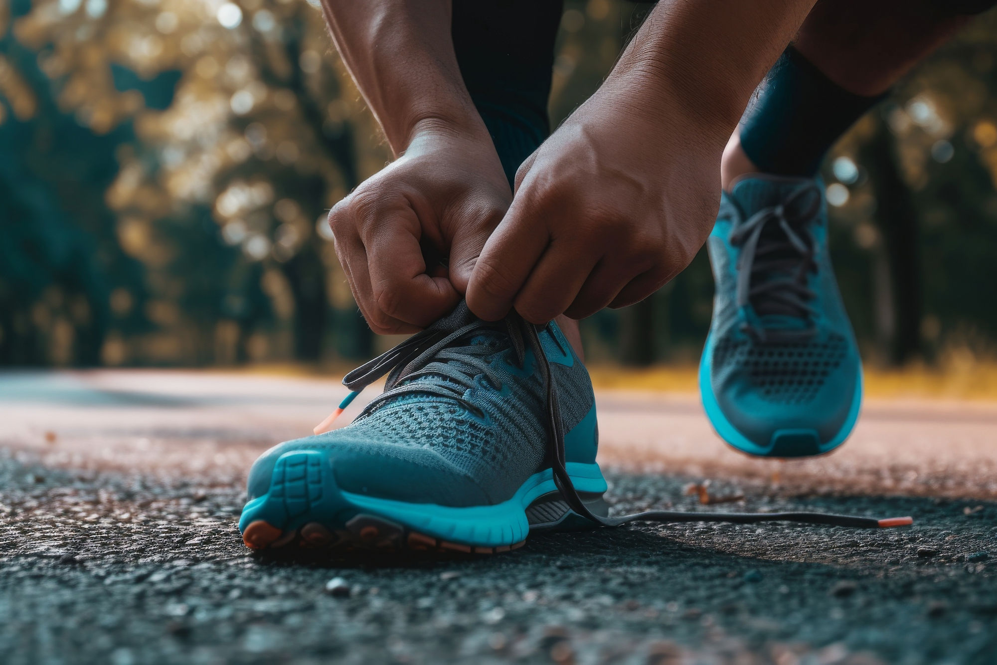 A runner's hands tie the laces of a blue and grey running shoe.