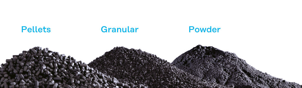 Photo: Typical Physical Forms of Activated Carbon (Pellet, Granular, Powder)