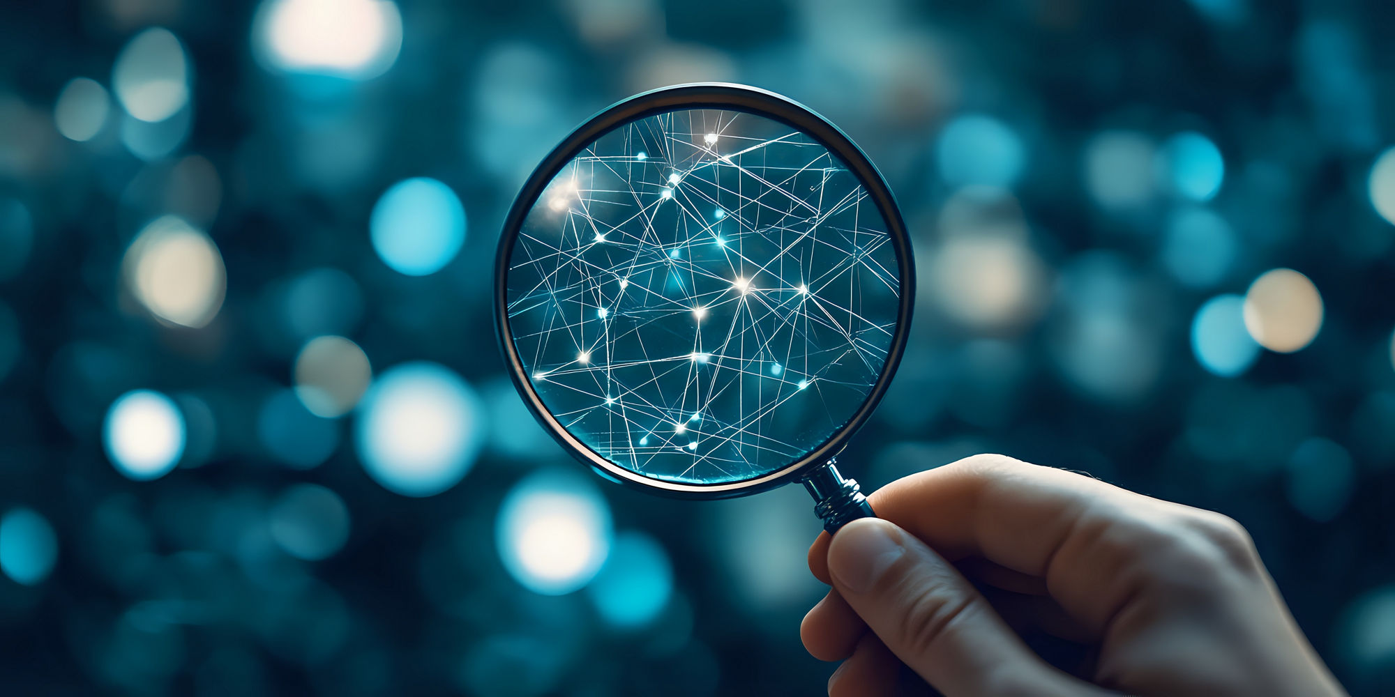 一只手拿着放大镜，聚焦于一个复杂的连接网络。该图像代表数据分析与探索。