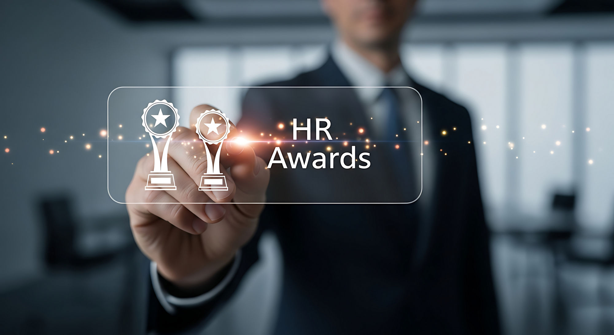 Recognizing excellence a professional presenting hr awards with a digital interface