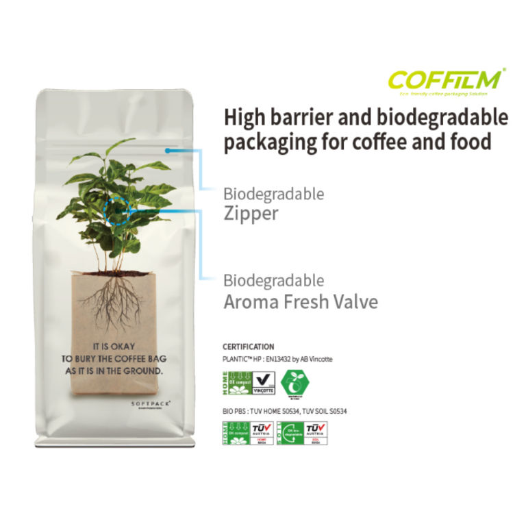 Compostable coffee Compostable coffee pouches made using Kuraray’s Plantic technology. The entire bag can be buried in the ground – valve, zipper and all are biodegradable. made using Kuraray’s Plantic technology