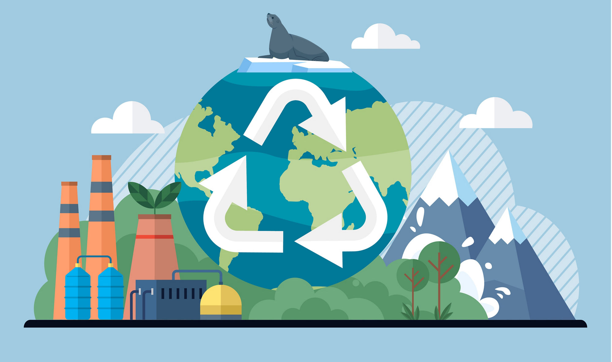 Clean city vector illustration. It seeks to create balance between economic growth, social equity, and environmental stewardship Environmental protection is shared responsibility in clean city