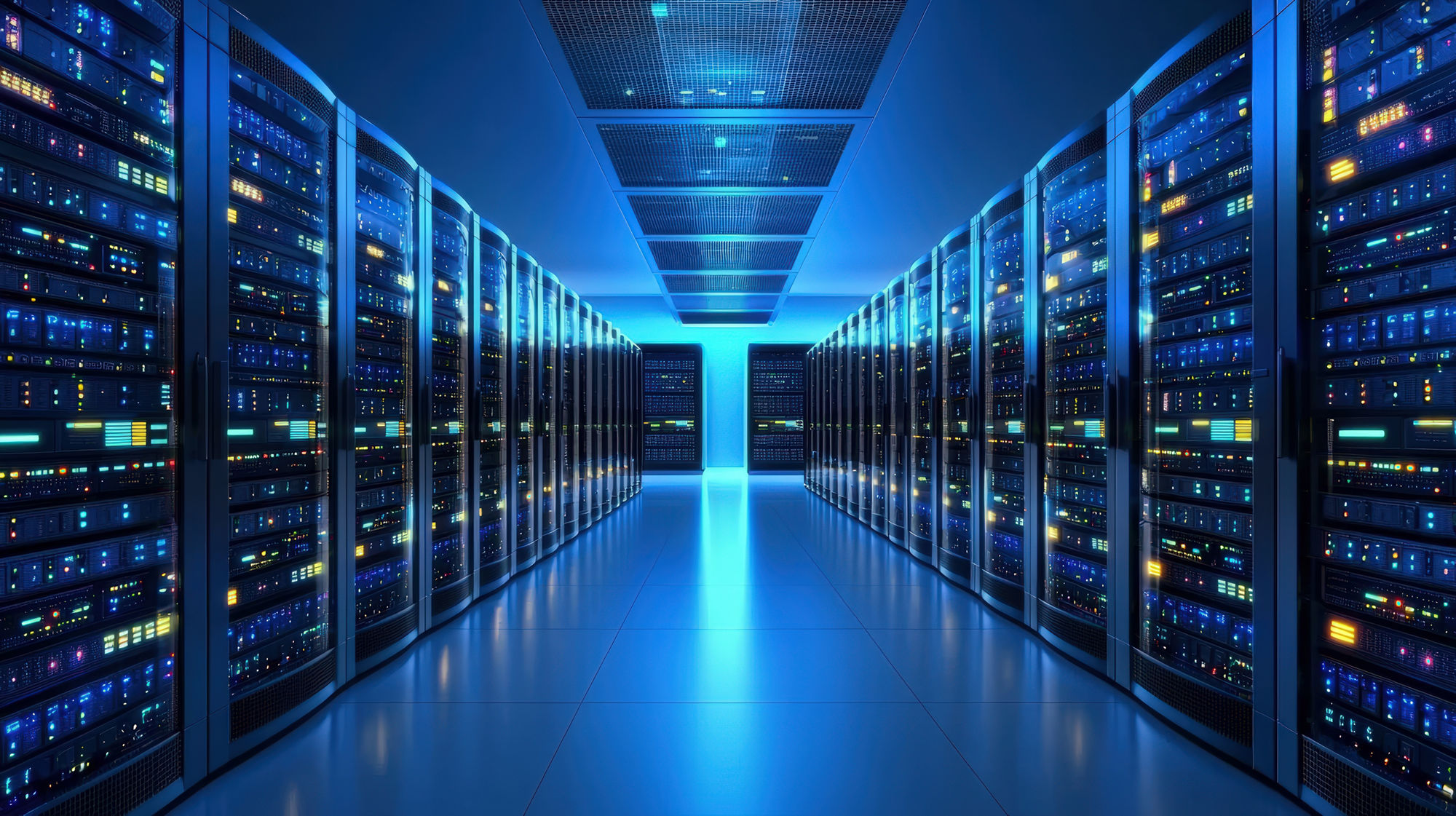 Wide-angle of neon-lit server farms, glowing LED strips on server racks, cold blue tones