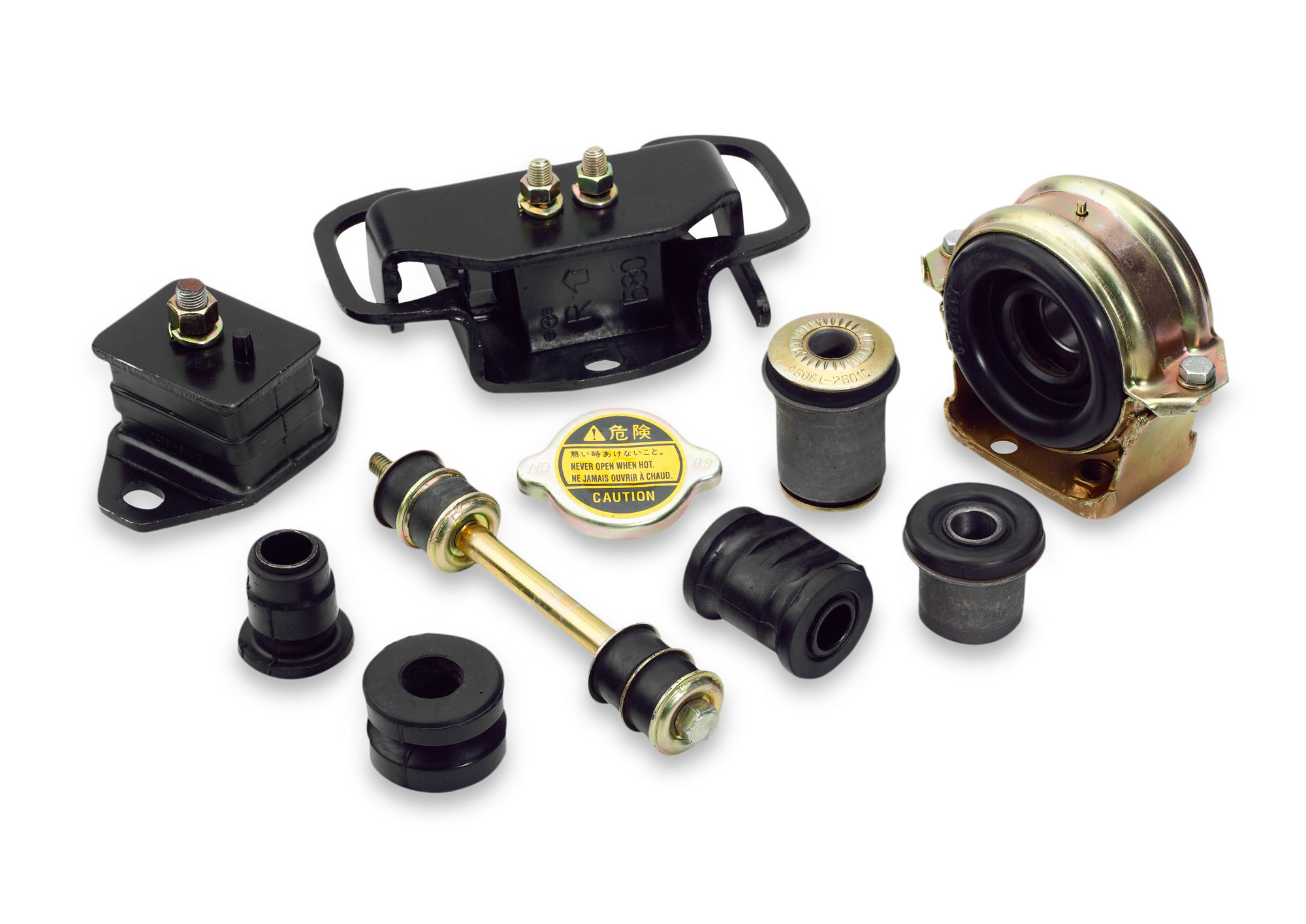 Rubber auto parts and necessary auto gears isolated on white