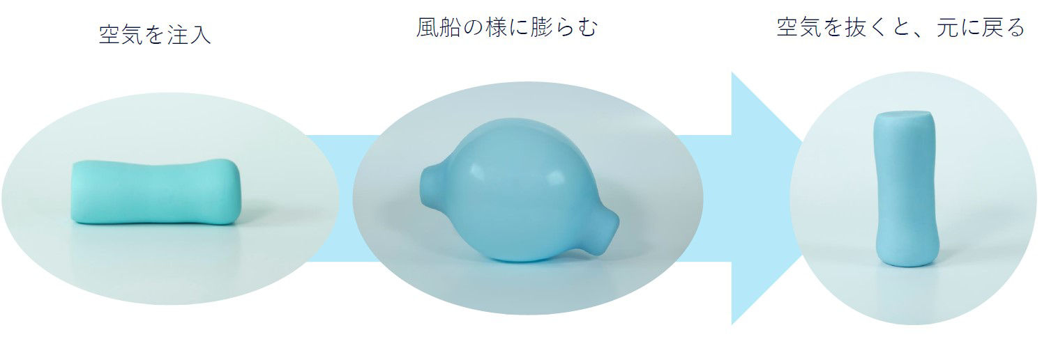 空気を注入すると風船の様に膨らみ、空気を抜くと元に戻る