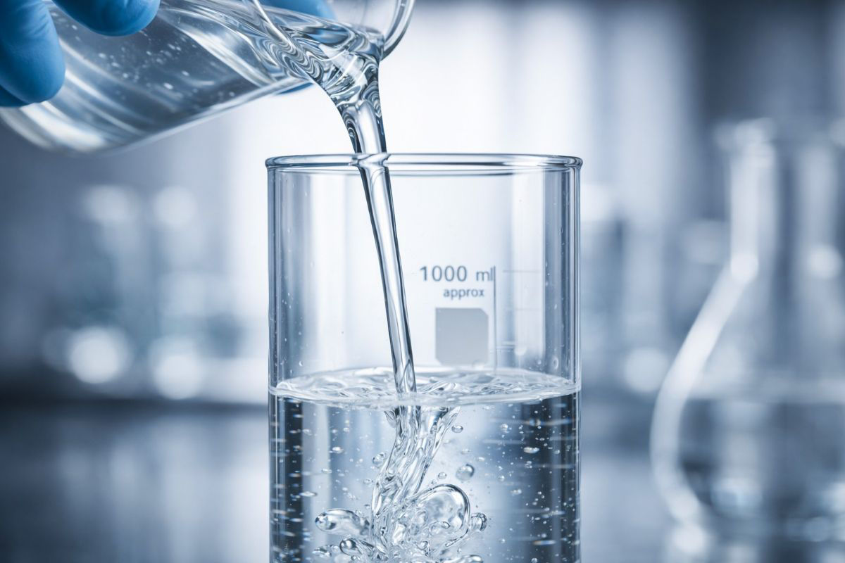A clear liquid being poured from one glass beaker into another in a laboratory setting.