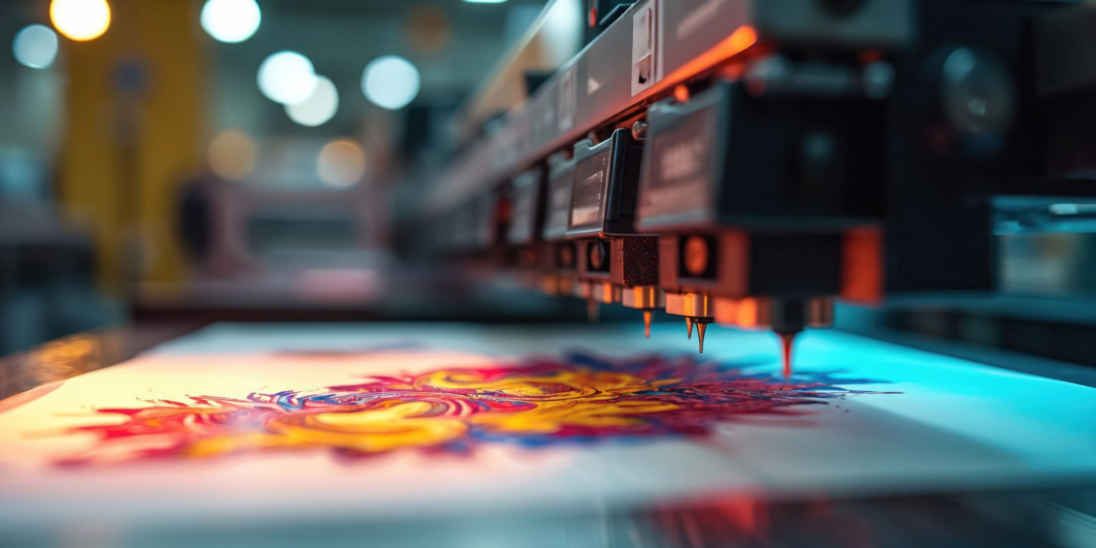 Close-up of an industrial printing machine applying a colorful pattern onto a flat material surface.