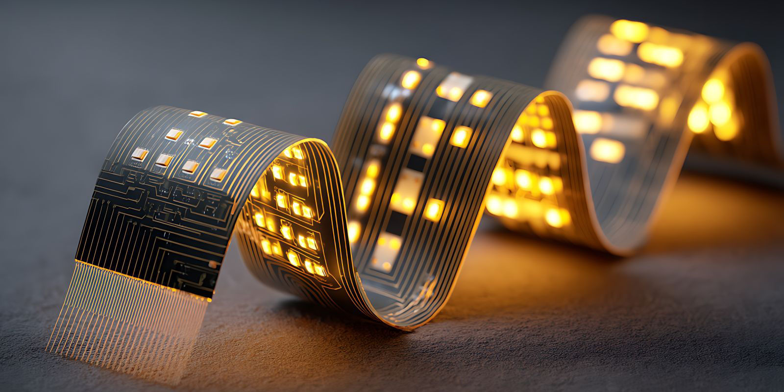 Flexible illuminated film strips emitting warm yellow light on a dark surface.