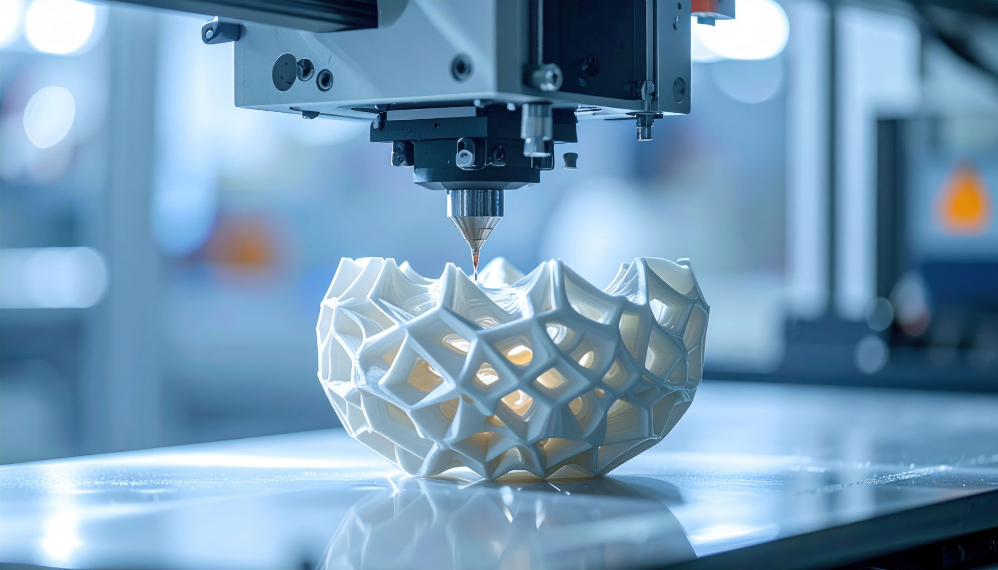A 3D printer is shown in the process of creating a complex geometric object