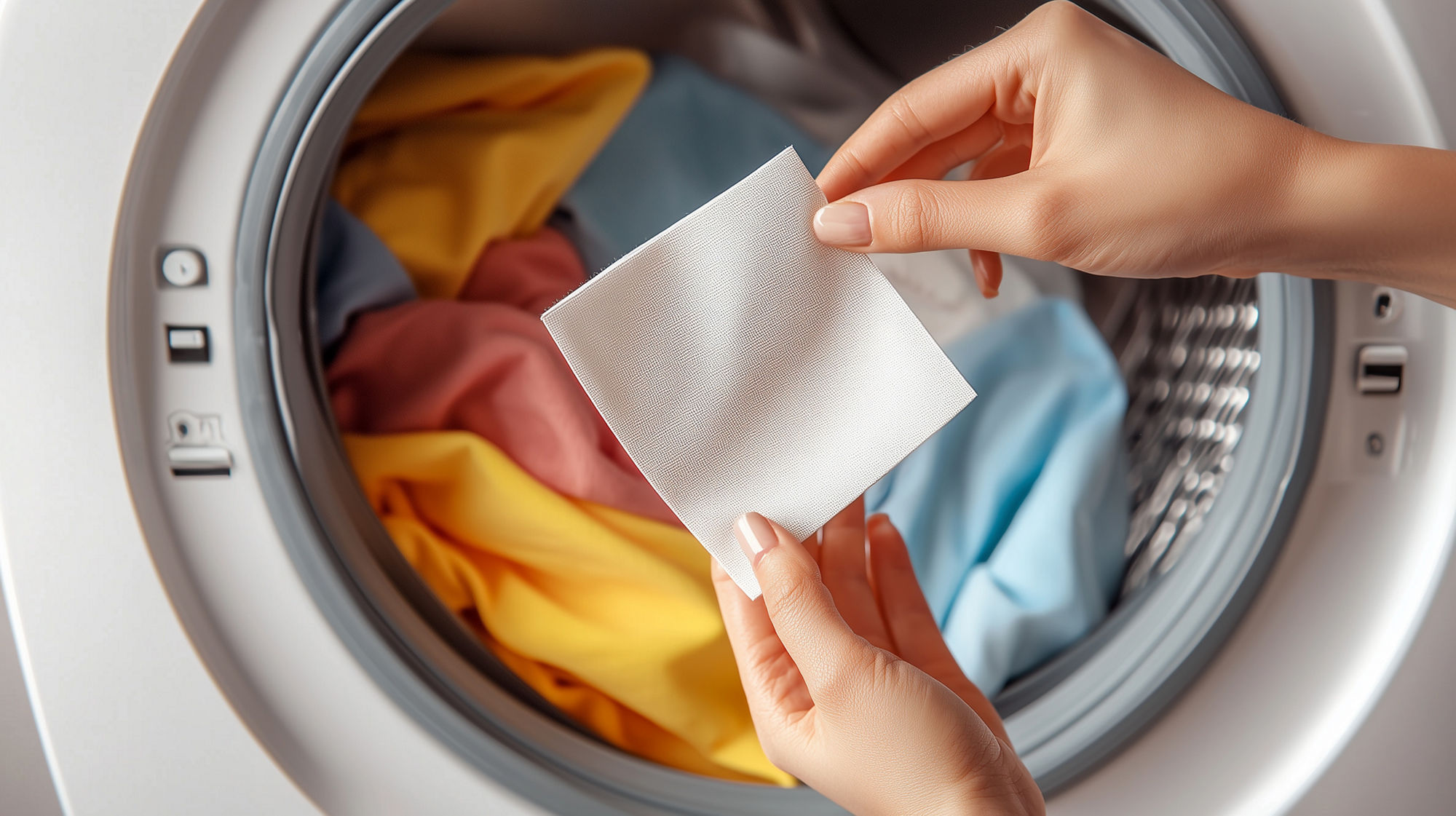 Firefly colorfull clothes that are placed in a washing machine. A hand is holding a laundry detergent sheet in front.