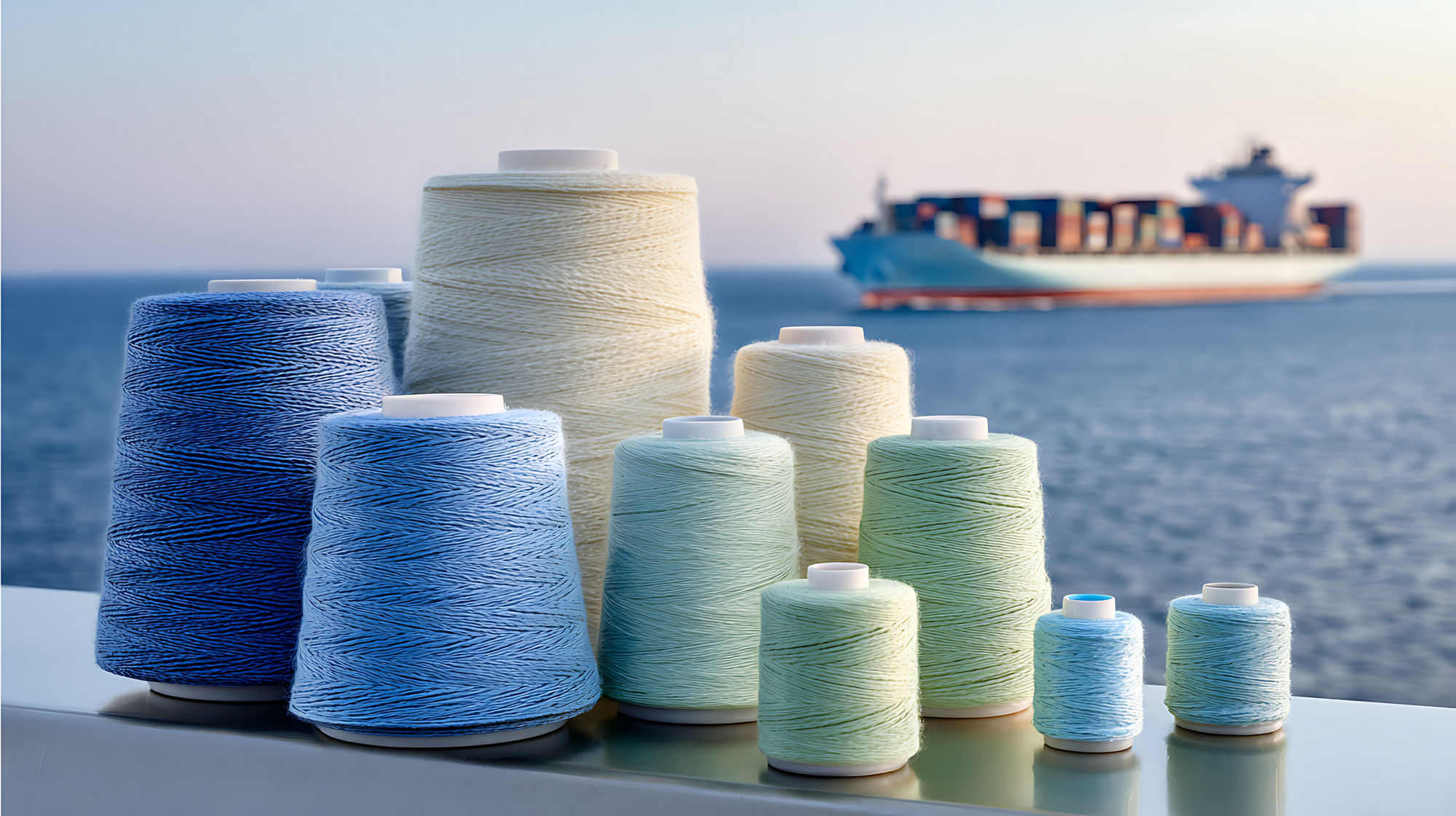 Array of colorful yarn spools