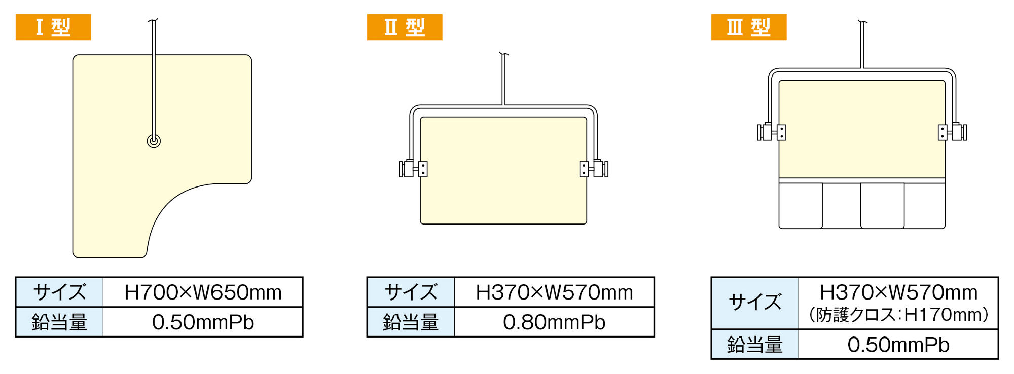 KYOWAGLAS-XA™ X-ray protection shield; Type I size: H700 x W650mm, Type II size: H370 x W570mm, Type III size: H370 x W570mm (protective cloth: H170mm)