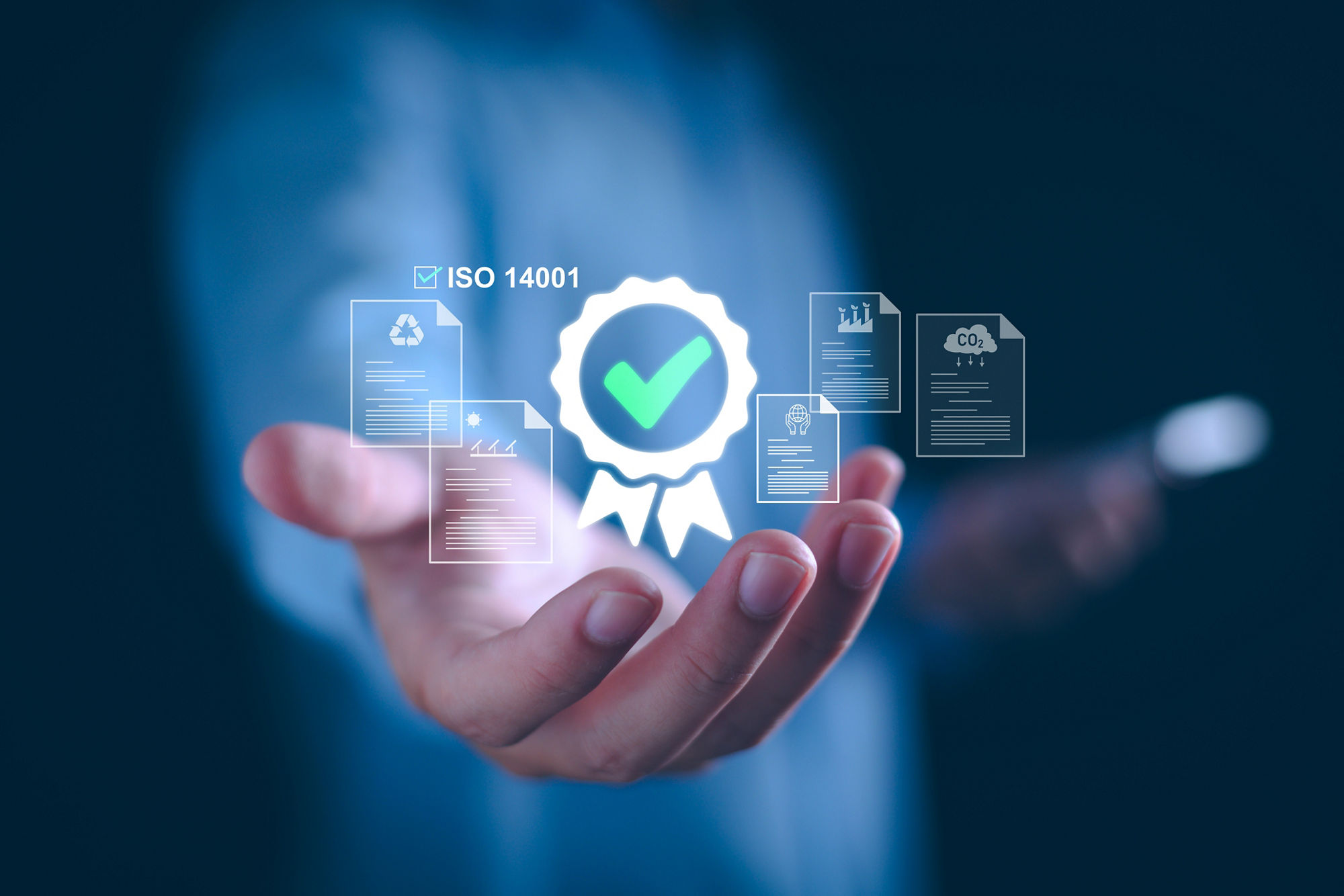 ISO 14001 concept. ISO standards quality control 14001 certified for environmental management systems, EMS. Identify, control and reduce the environmental impact of activities. Modern ISO 14001 banner