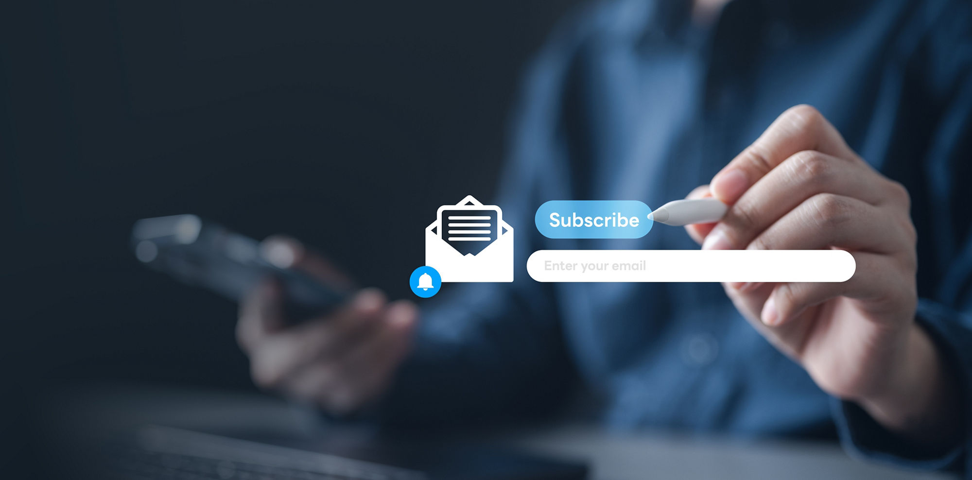 newsletter, signup, form, email, subscribe, cta, Person using digital device with newsletter subscription form and CTA button, representing email marketing, lead generation, and online communication.