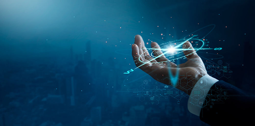 Businessman holding compass of navigate on global economic crisis to resume business growth, Rethink, Reinvent and Recover, Investment,  banking and financial on blue city background.