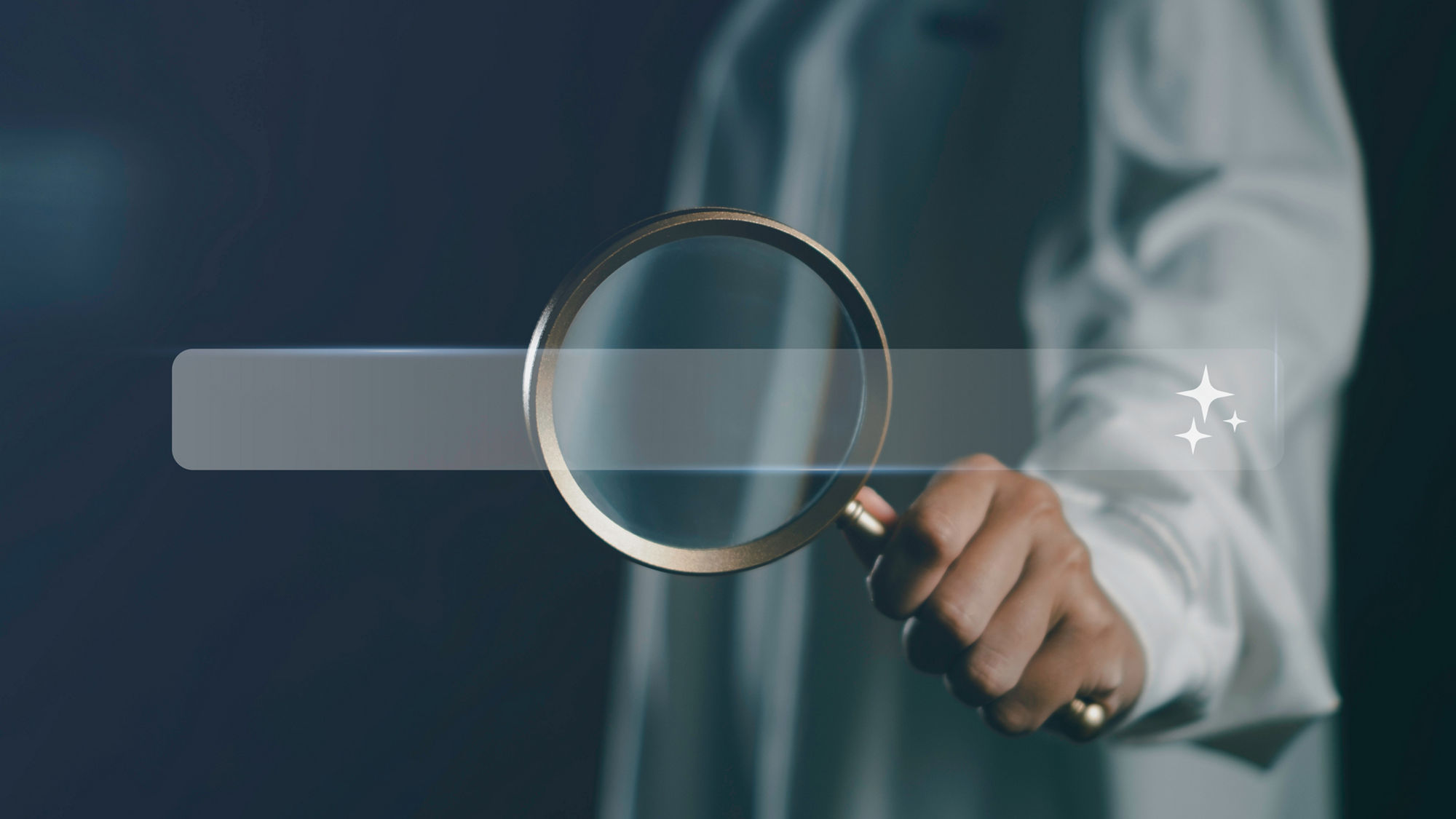 AI powered search bar concept with magnifying glass interface, Smart prompt technology, business intelligence tools, internet search optimization, and digital innovation strategy.