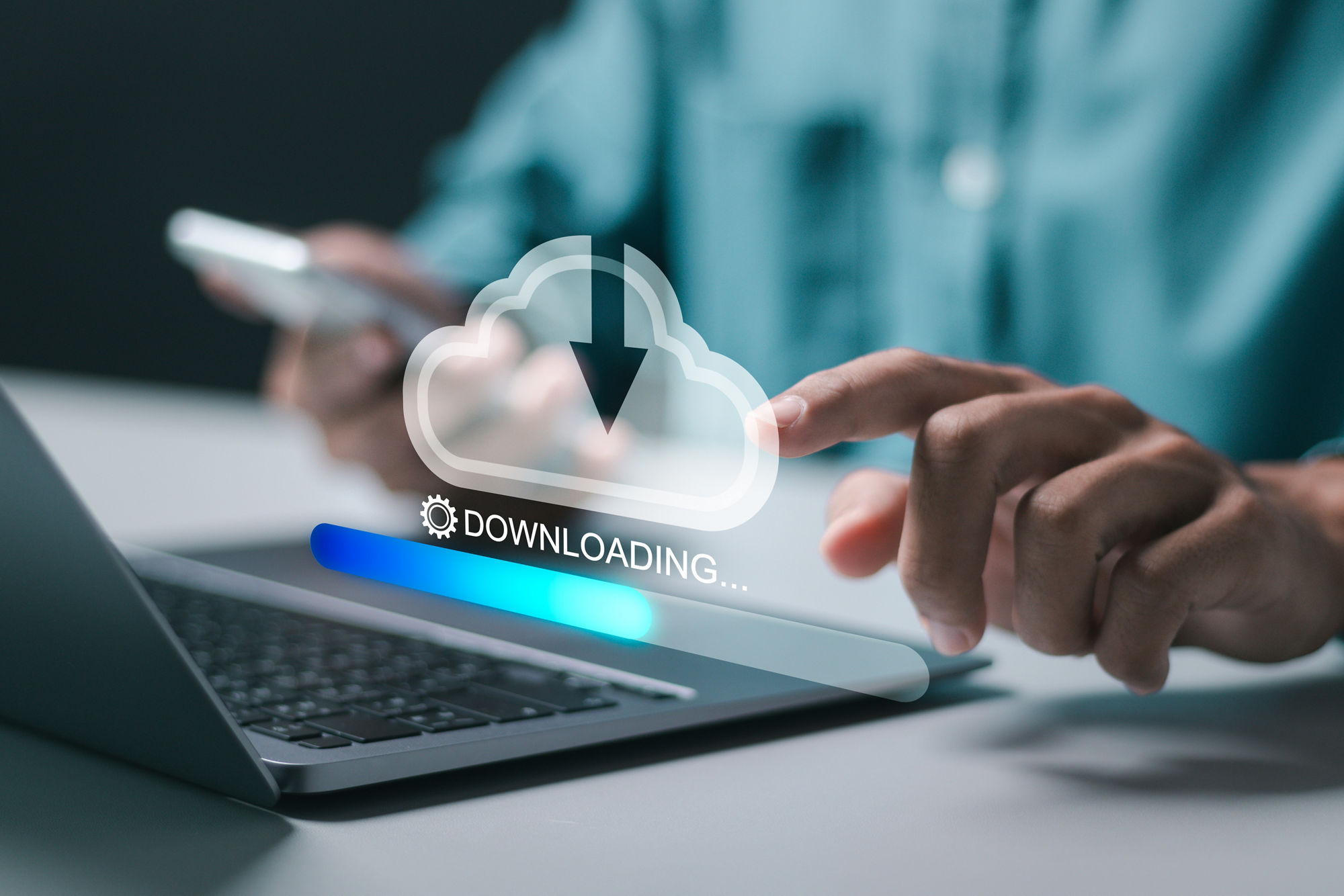 Download processing data concept. Person use laptop with virtual screen of downloading bar for download files. Downloading data from cloud storage.