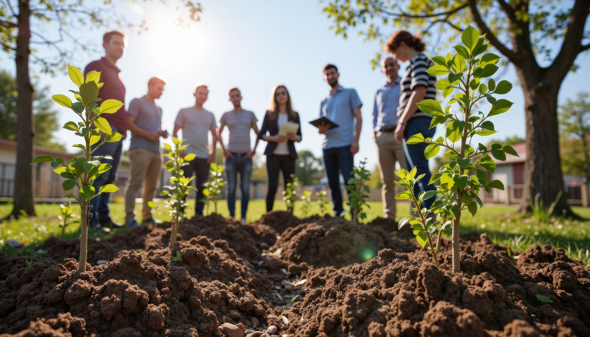A diverse group of individuals participates in tree planting, showcasing teamwork and dedication towards environmental care in a sunny outdoor setting.