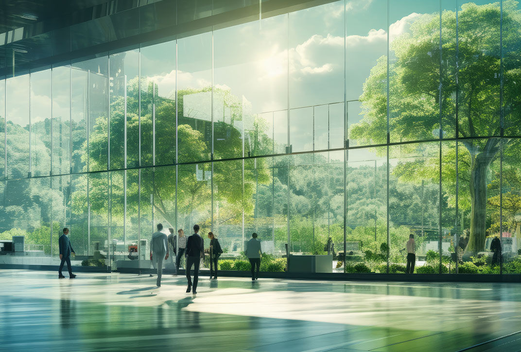 Large glass building with a view of trees and nature.