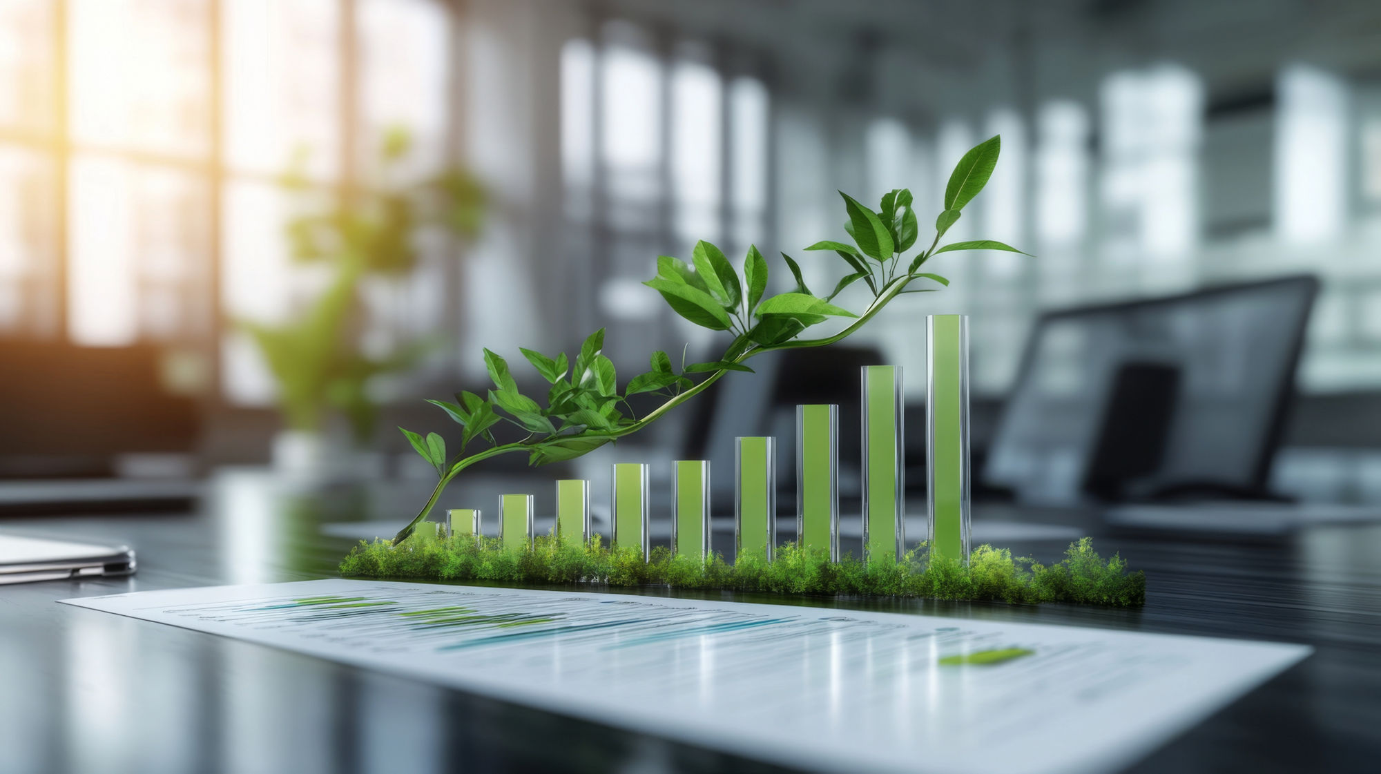 A creative upward business chart with plants growing from the base, representing success in business, set against an office meeting room background, ultra-HD, no text, watermark, logo, realistic photo --ar 16:9 --v 6.1 Job ID: 21d84bed-408b-4567-b560-9d3b62a2914c