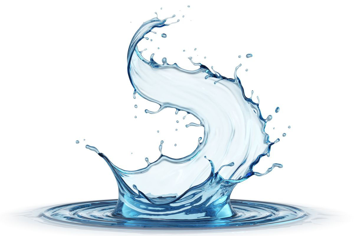 A clear splash of water rising from the surface in an S-shaped curve against a white background.