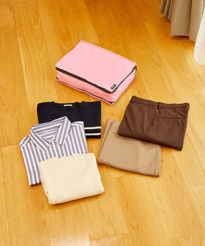 Deodorizing travel pouch with compartments; Example of L size storage: 3 tops, 1 pant, 1 skirt