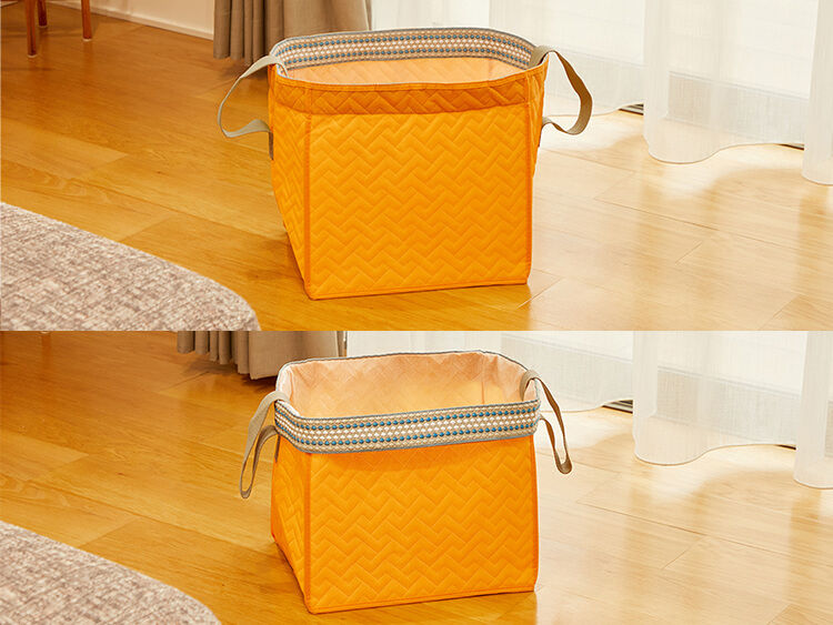 Deodorizing foldable storage box; the top be folded back so that the patterned belt is visible.